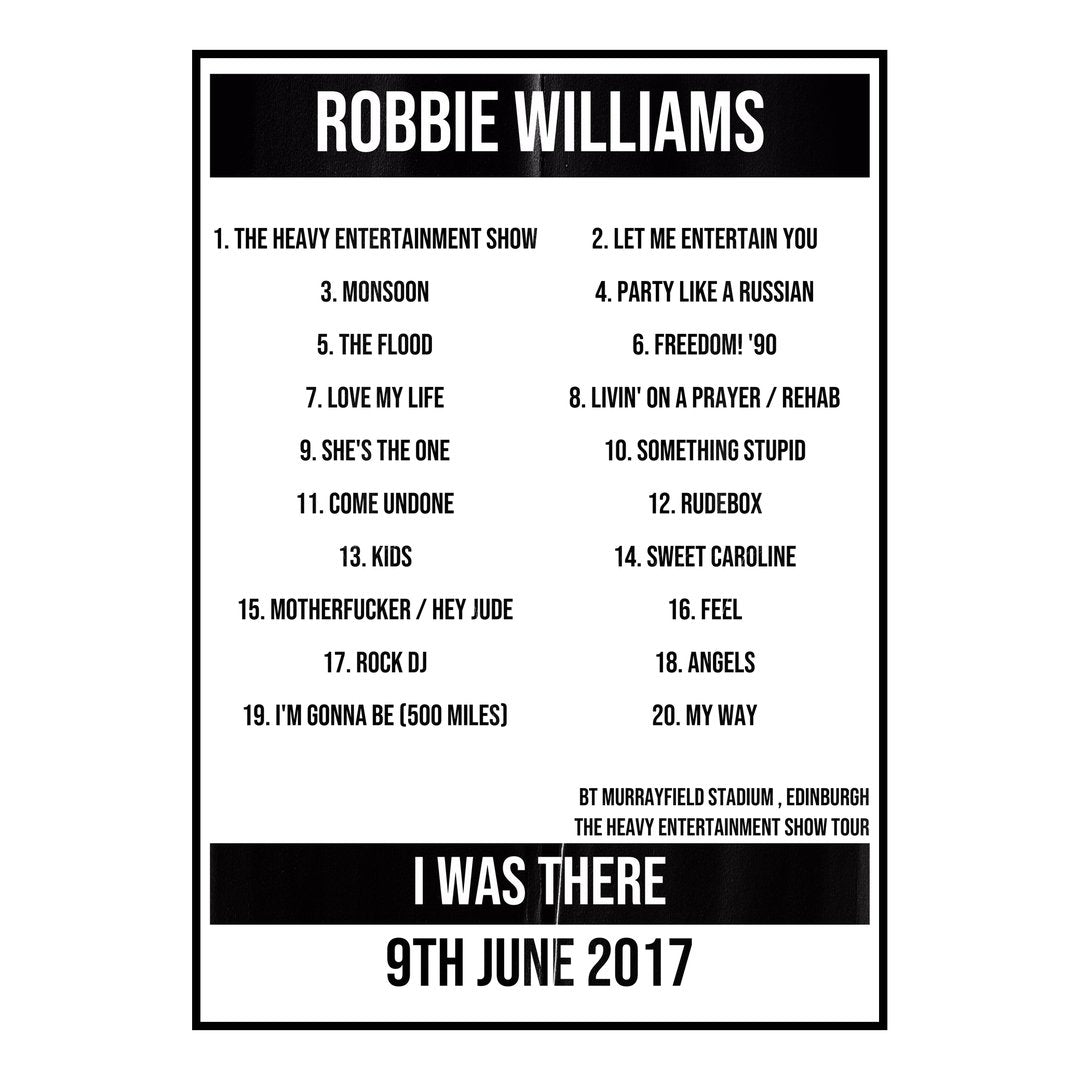 Robbie Williams Edinburgh 9th June 2017 Setlist poster