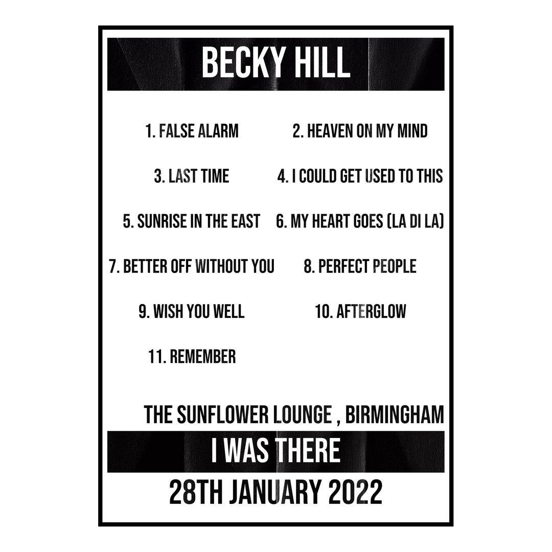Becky Hill Birmingham 28th January 2022 Setlist poster