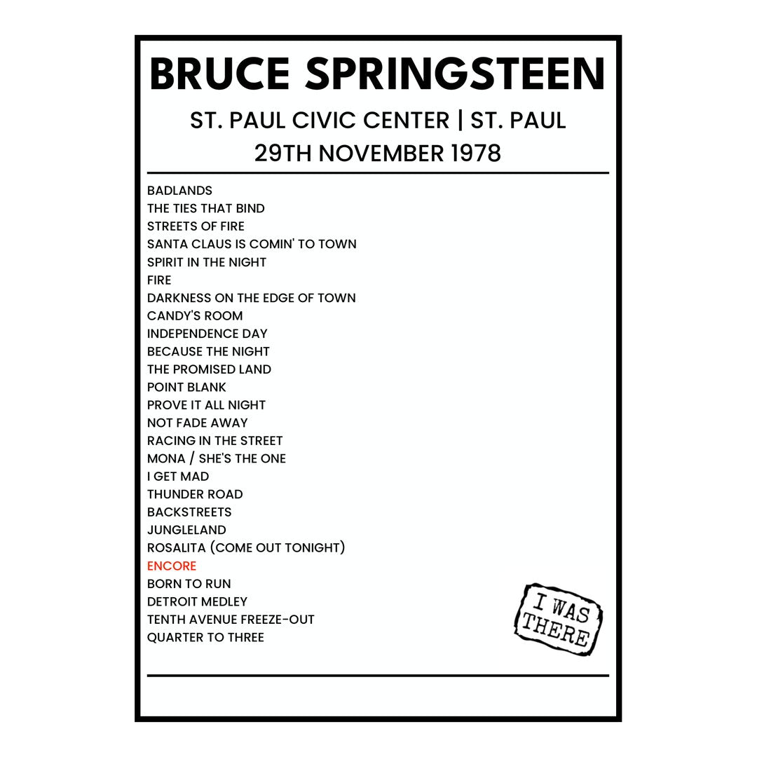 Bruce Springsteen St. Paul 29th November 1978 Setlist poster
