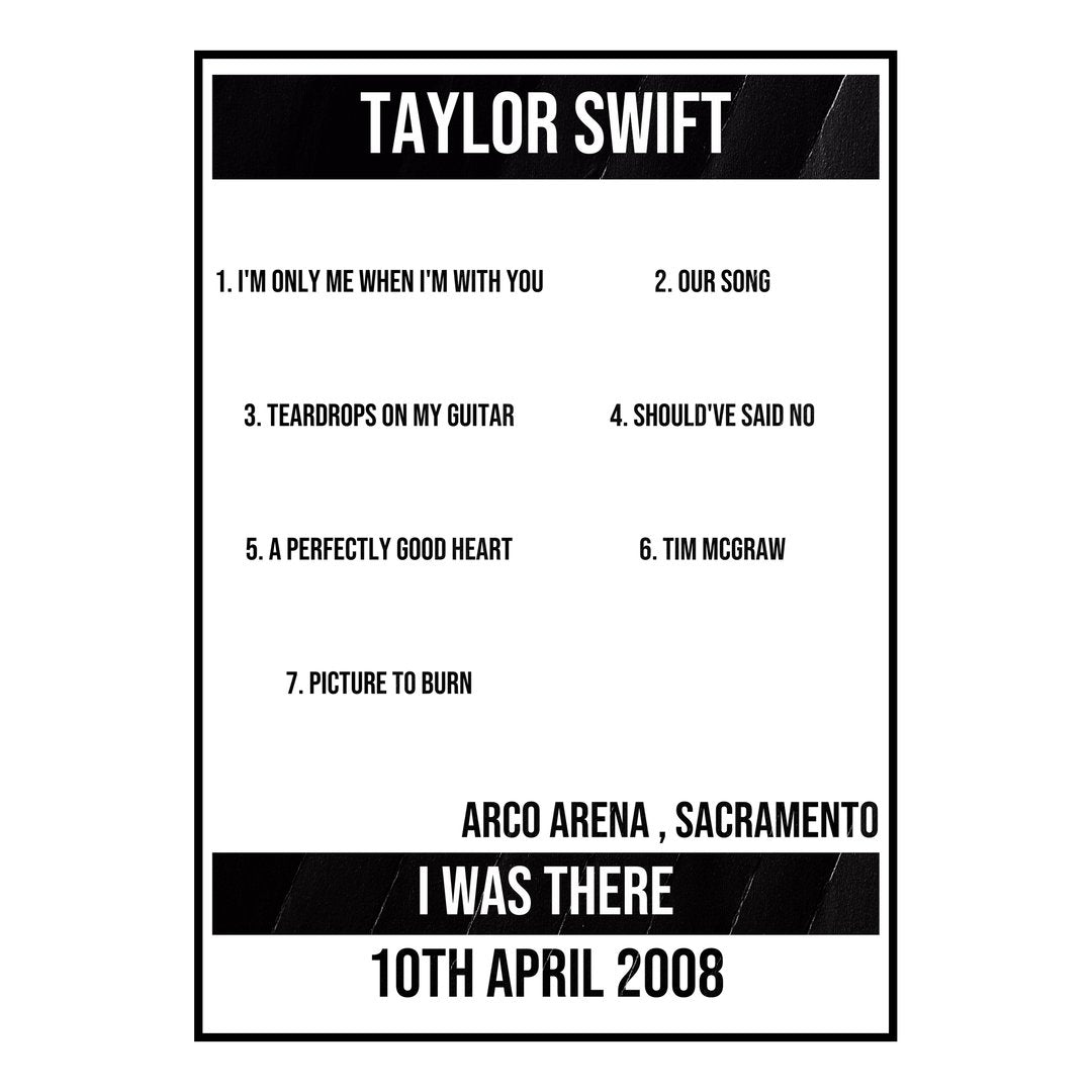 Taylor Swift Sacramento 10th April 2008 Setlist poster
