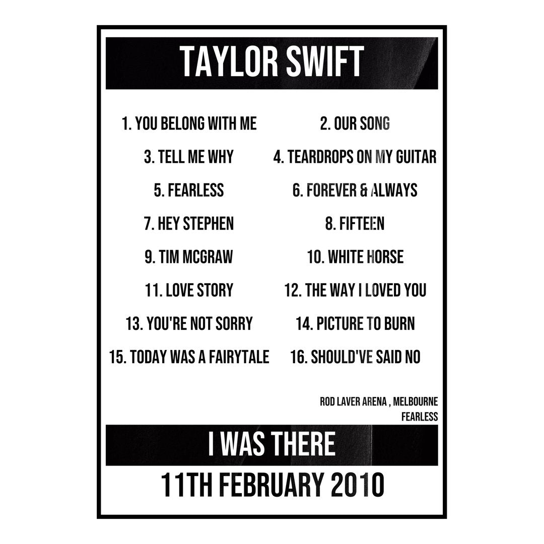 Taylor Swift Melbourne 11th February 2010 Setlist poster
