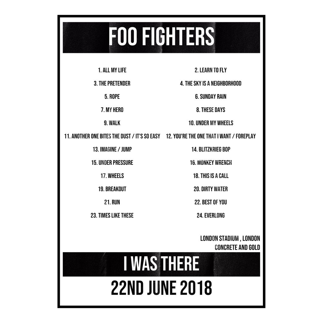 Foo Fighters London 22nd June 2018 Setlist poster