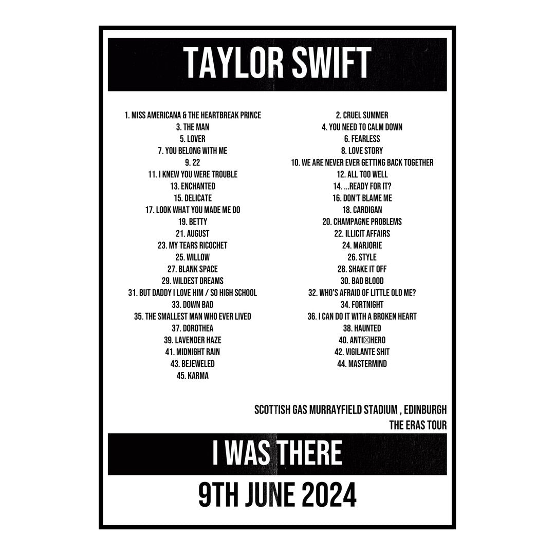Taylor Swift Edinburgh 9th June 2024 Setlist poster