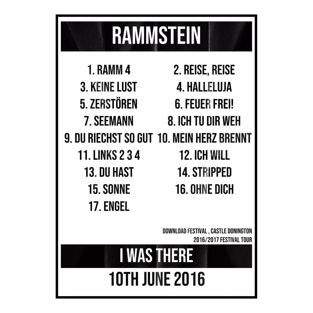 Rammstein Castle Donington 10th June 2016 Setlist poster