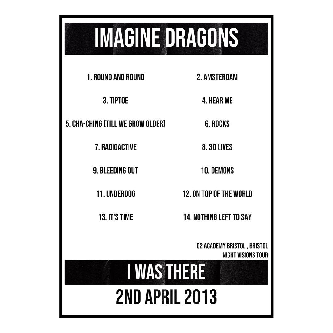 Imagine Dragons Bristol 2nd April 2013 Setlist poster