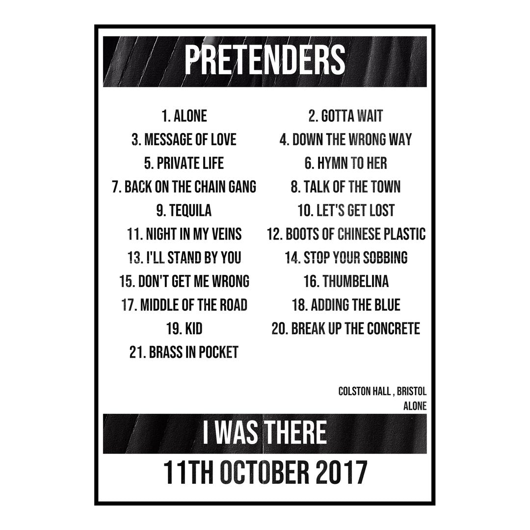 Pretenders Bristol 11th October 2017 Setlist poster