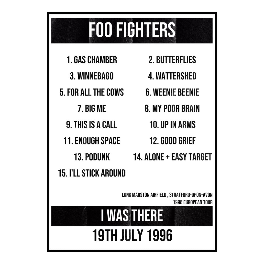 Foo Fighters Stratford-upon-Avon 19th July 1996 Setlist poster
