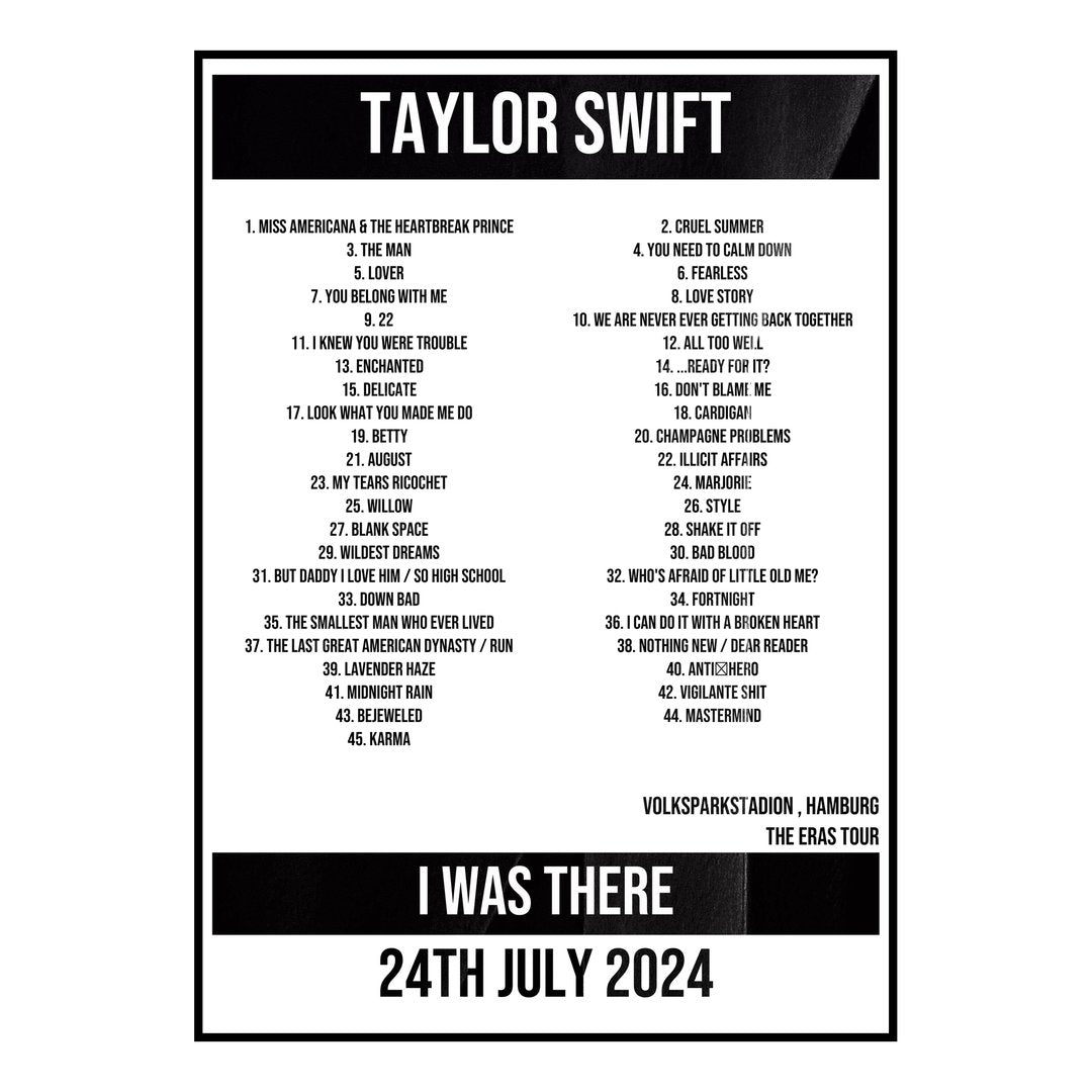 Taylor Swift Hamburg 24th July 2024 Setlist poster