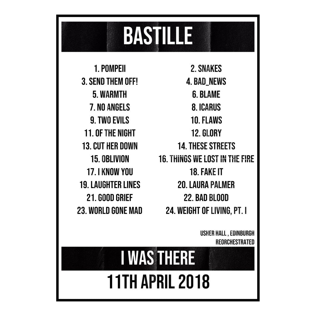 Bastille Edinburgh 11th April 2018 Setlist poster