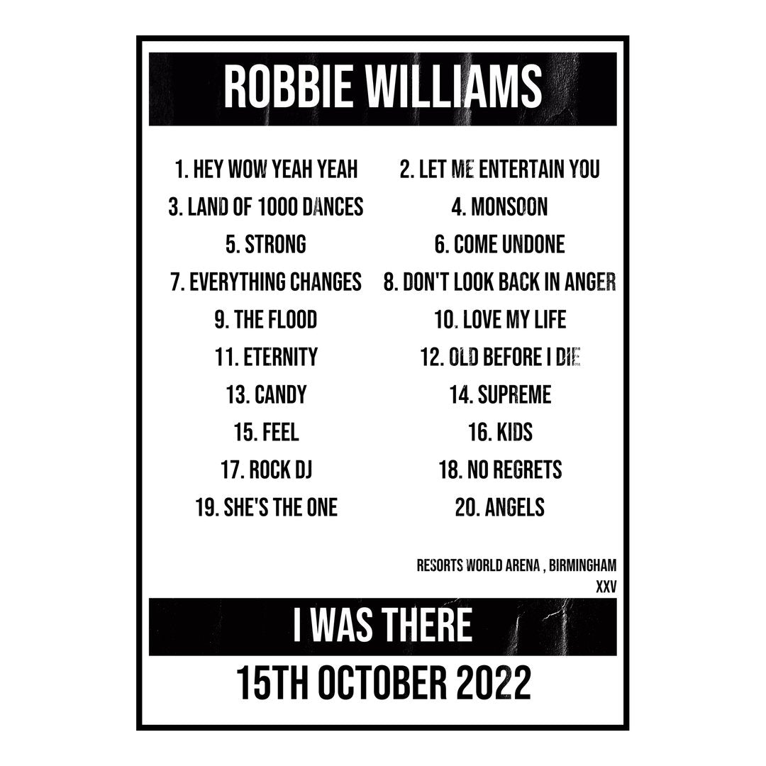 Robbie Williams Birmingham 15th October 2022 Setlist poster