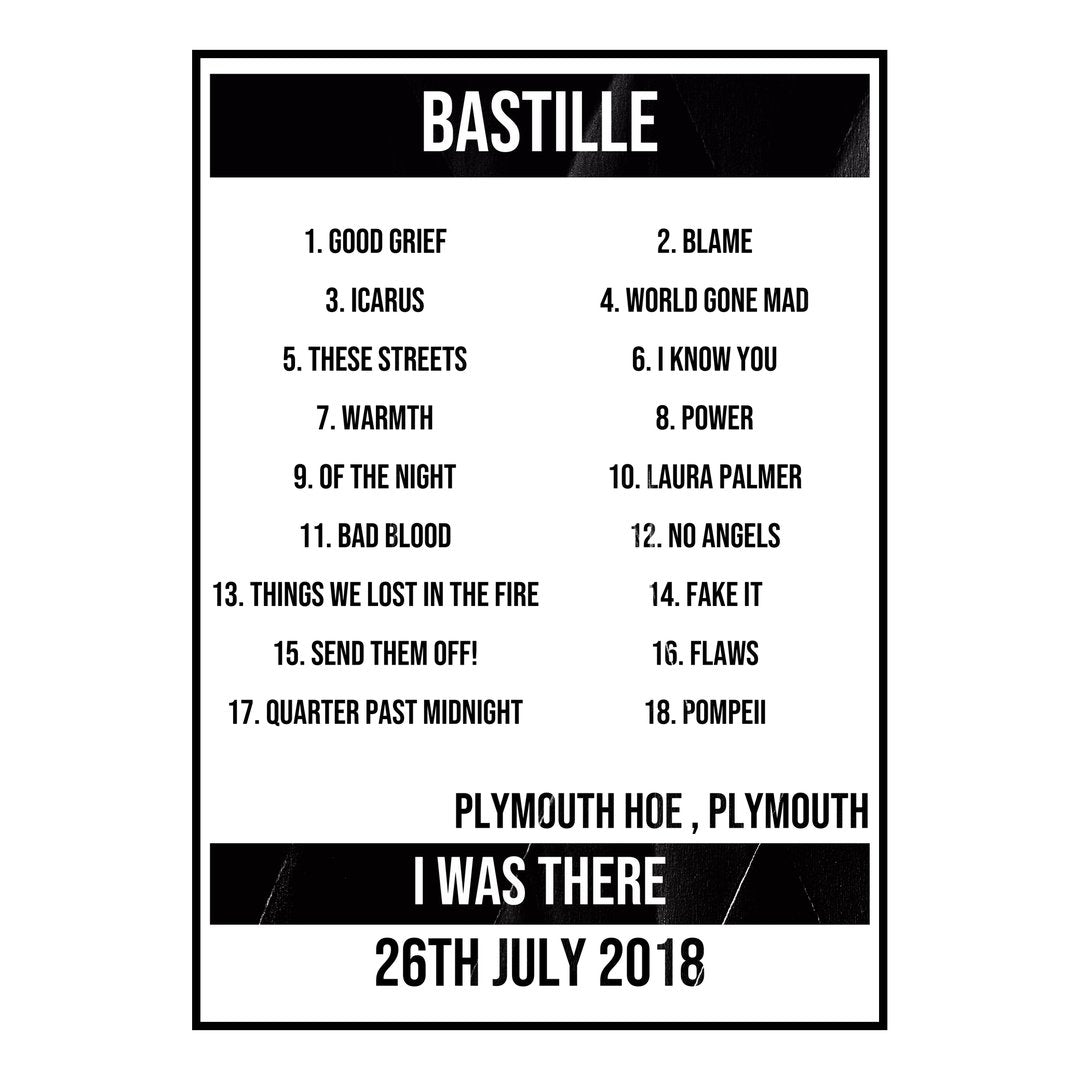 Bastille Plymouth 26th July 2018 Setlist poster