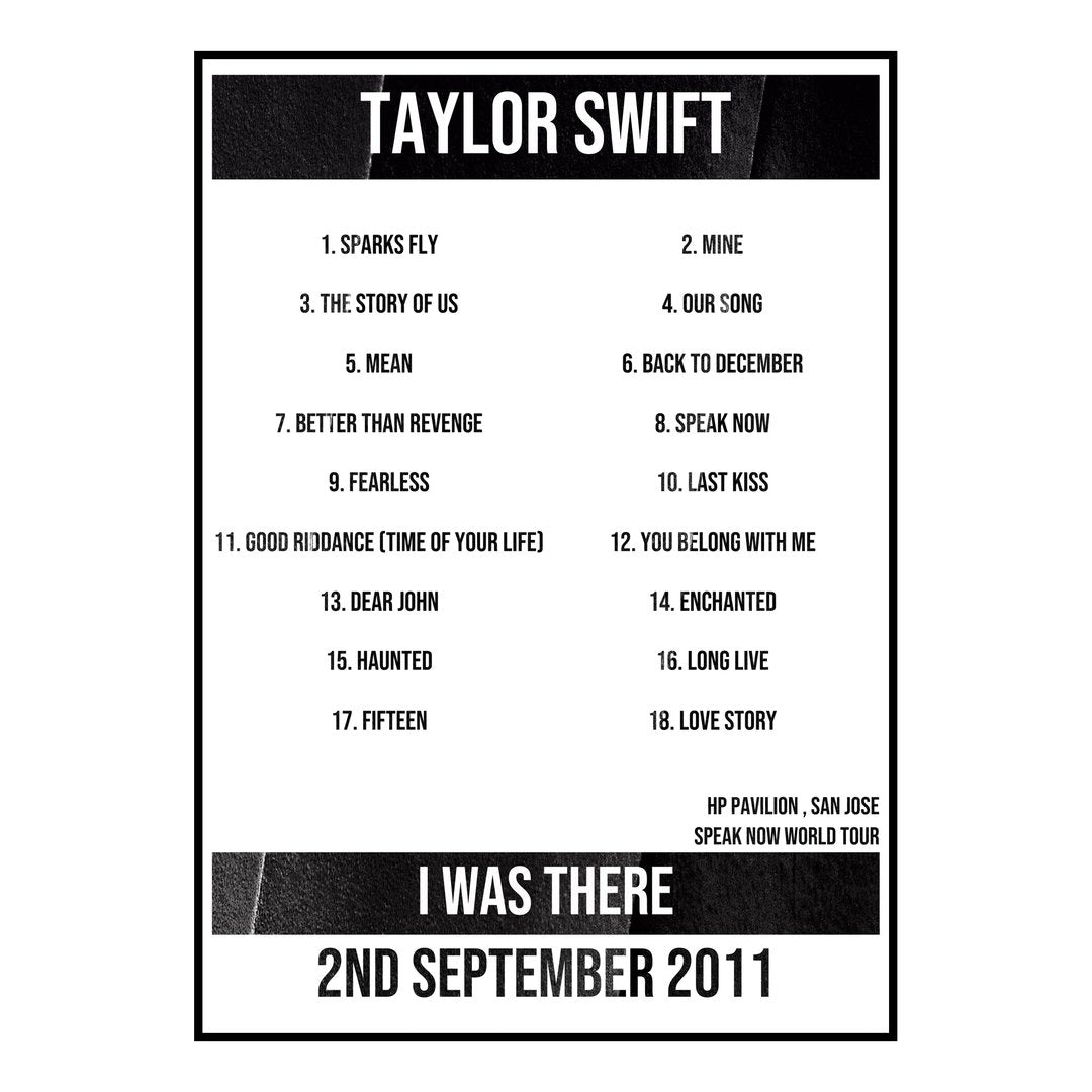 Taylor Swift San Jose 2nd September 2011 Setlist poster