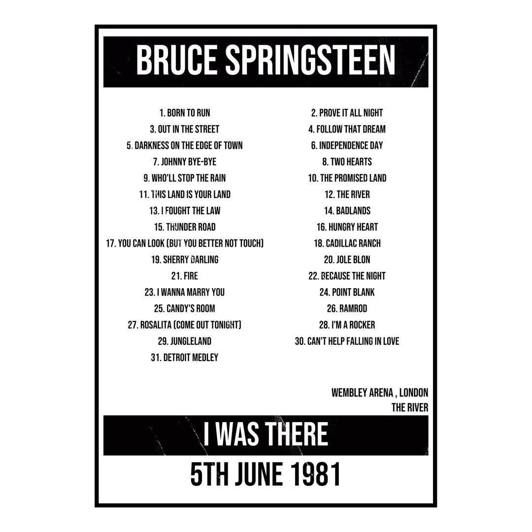 Bruce Springsteen London 5th June 1981 Setlist poster