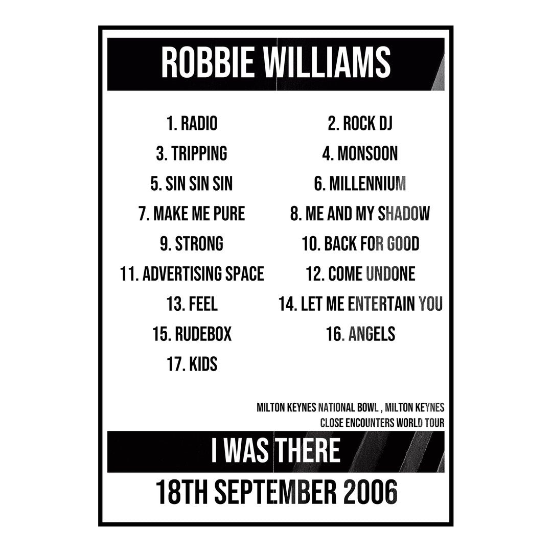 Robbie Williams Milton Keynes 18th September 2006 Setlist poster