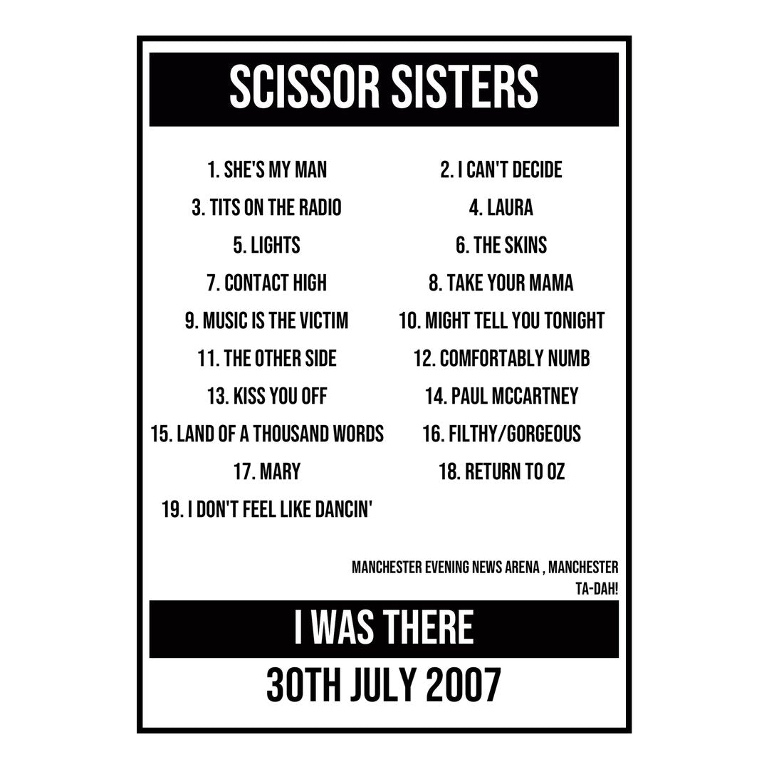 A Setlist Poster Featuring Scissor Sisters Gig from Manchester in 2007