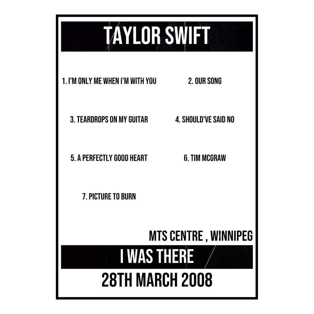 Taylor Swift Winnipeg 28th March 2008 Setlist poster