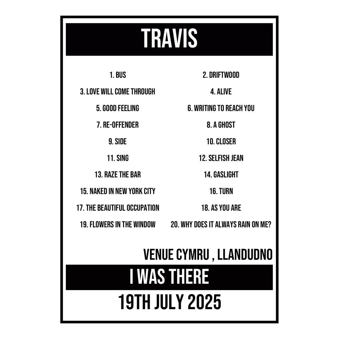 A Setlist Poster Featuring Travis Gig from Llandudno in 2025