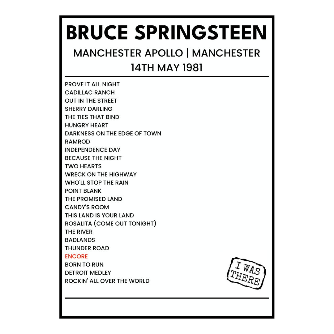 Bruce Springsteen Manchester 14th May 1981 Setlist poster
