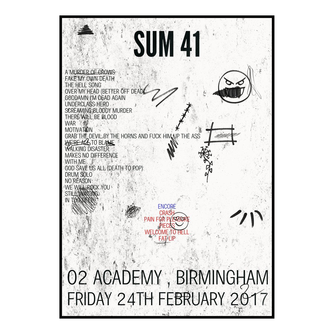 Sum 41 Birmingham 24th February 2017 Setlist poster