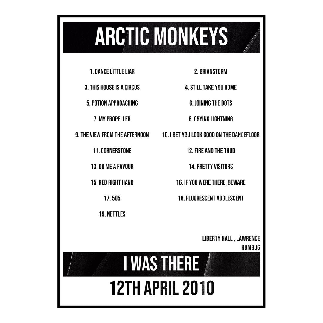 Arctic Monkeys Lawrence 12th April 2010 Setlist poster