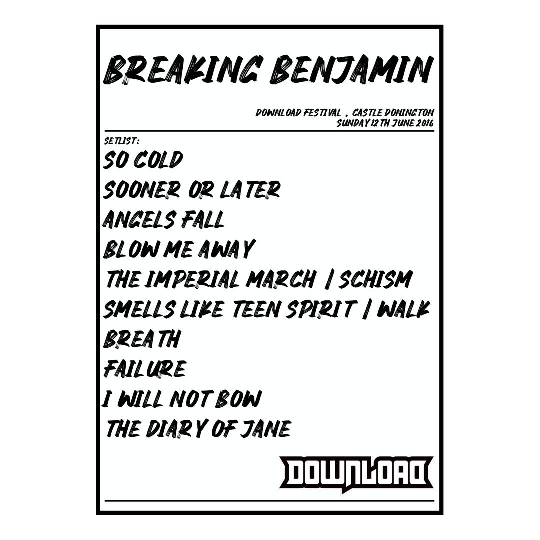 Breaking Benjamin Castle Donington 12th June 2016 Setlist poster