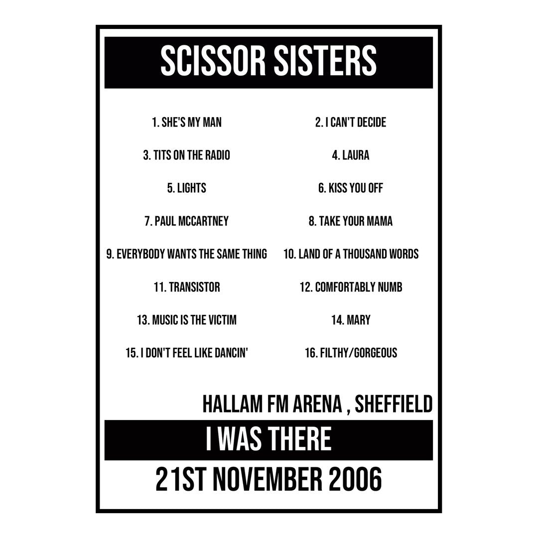 A Setlist Poster Featuring Scissor Sisters Gig from Sheffield in 2006