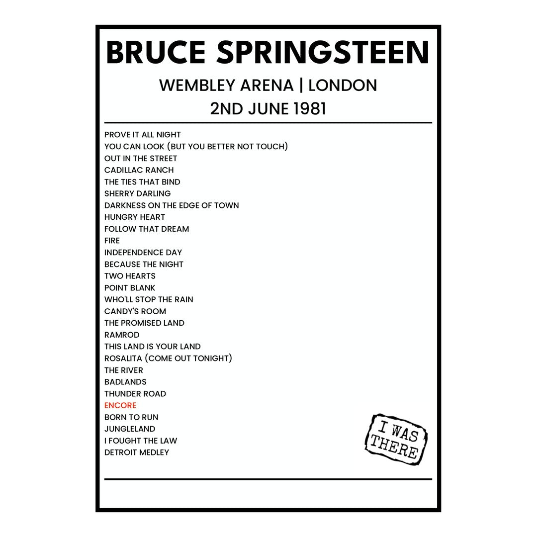 Bruce Springsteen London 2nd June 1981 Setlist poster