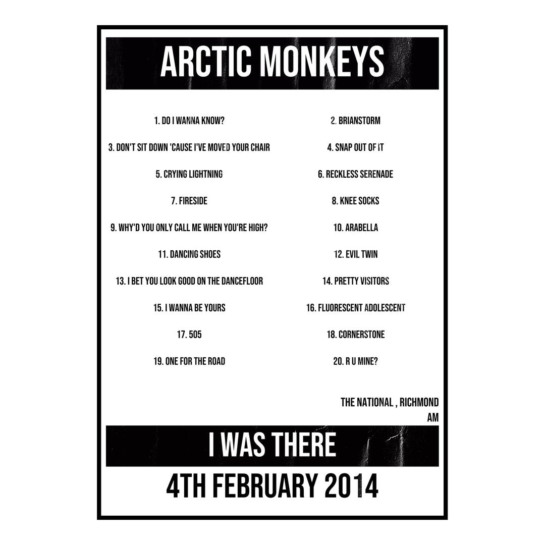 Arctic Monkeys Richmond 4th February 2014 Setlist poster