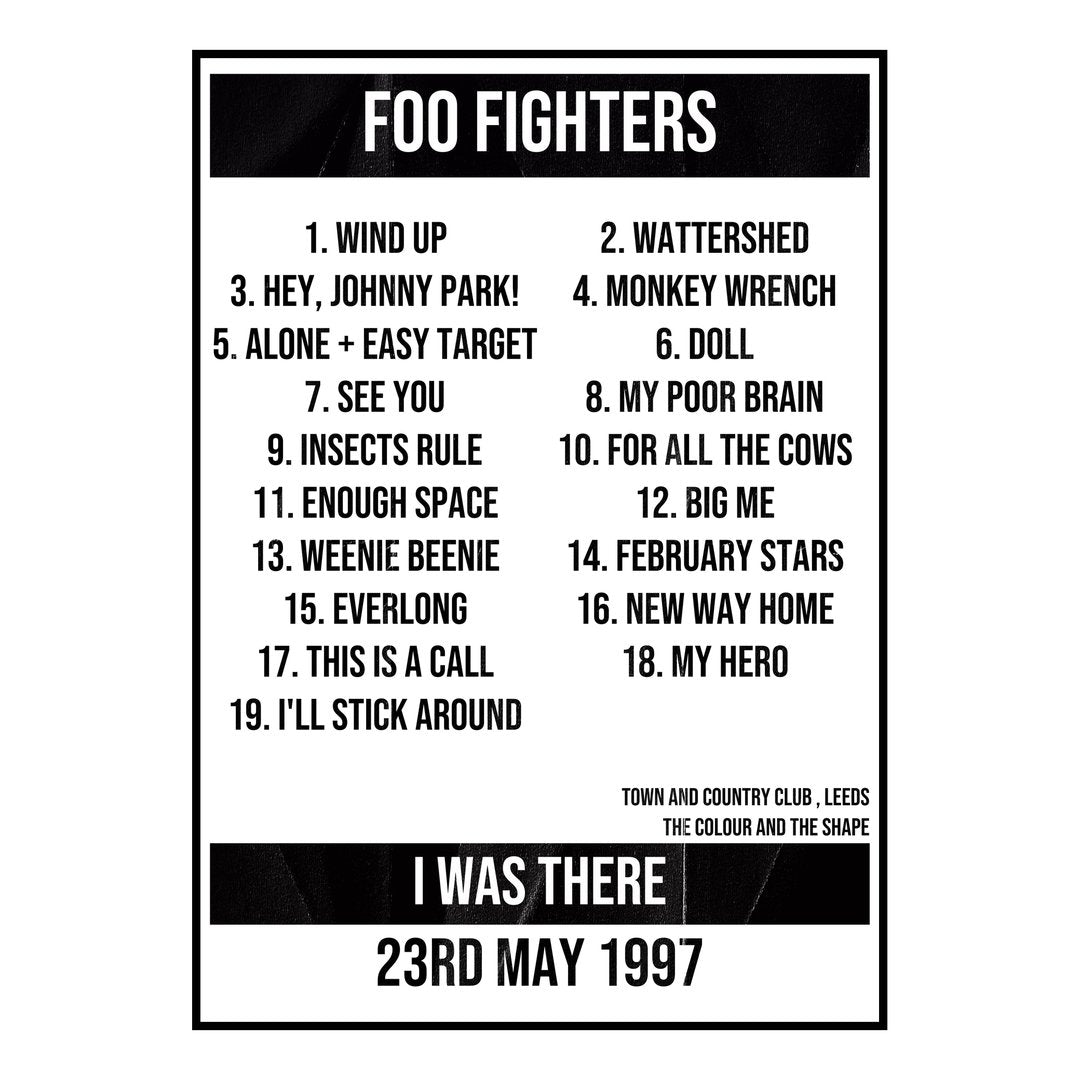 Foo Fighters Leeds 23rd May 1997 Setlist poster