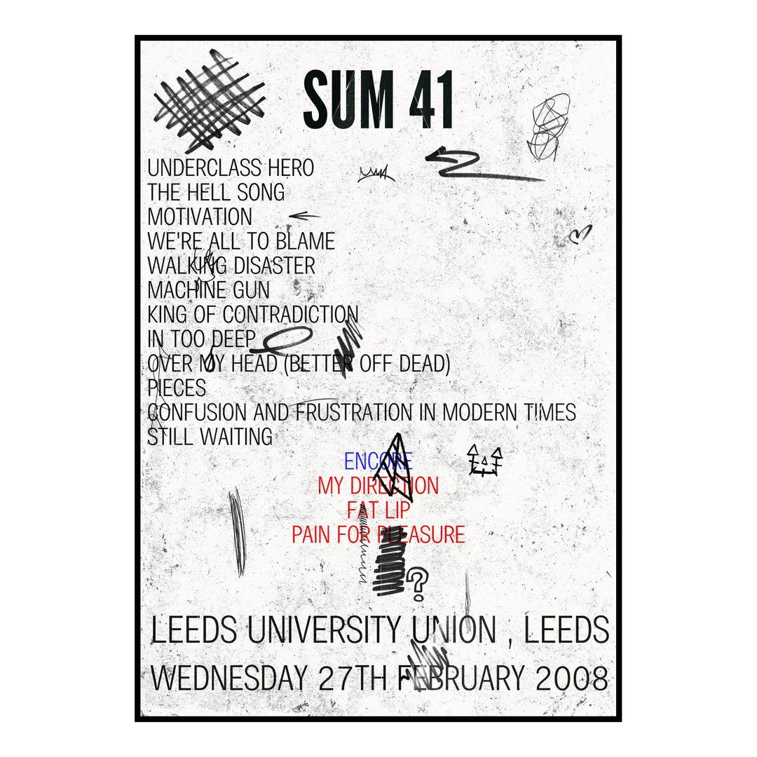 Sum 41 Leeds 27th February 2008 Setlist poster