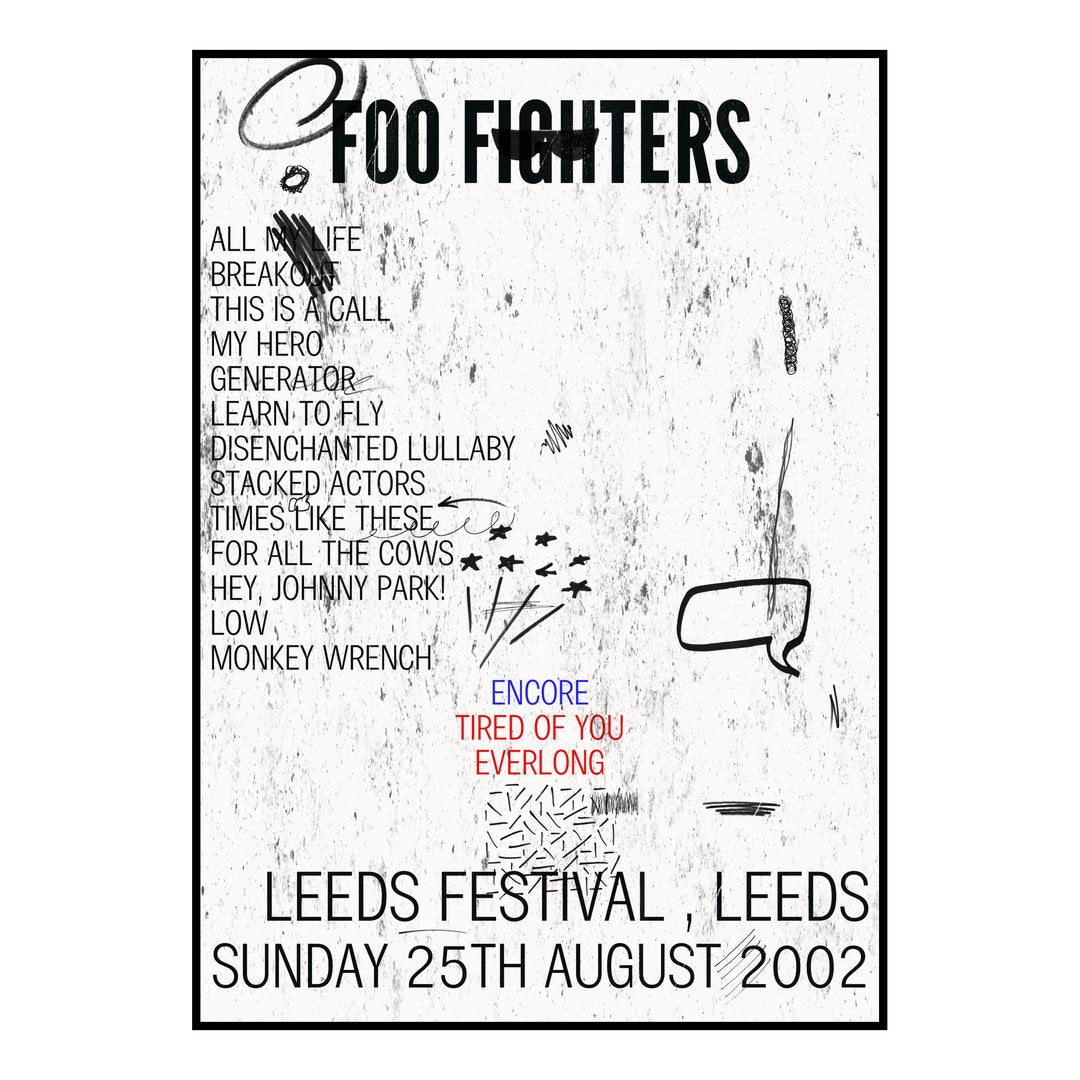 Foo Fighters Leeds 25th August 2002 Setlist poster