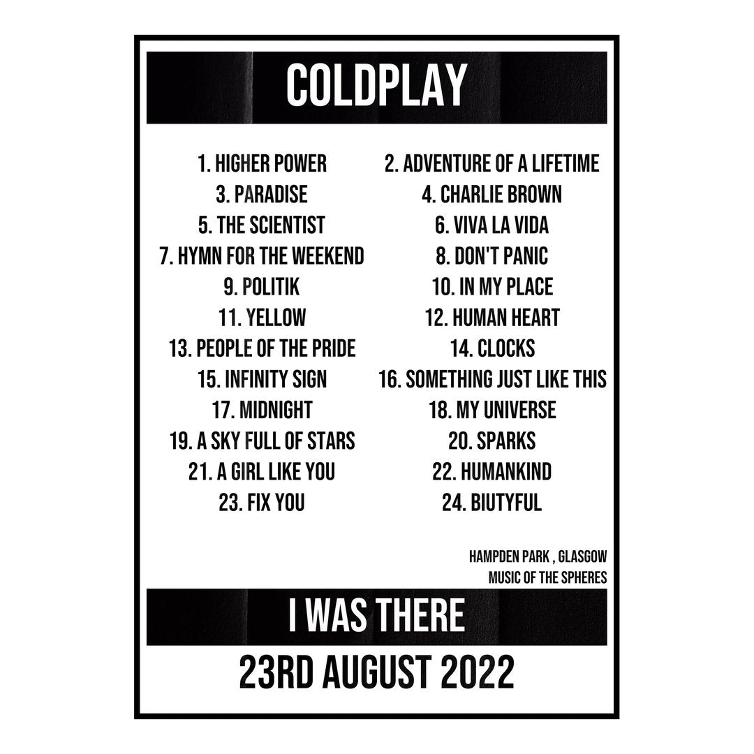 Coldplay Glasgow 23rd August 2022 Setlist poster