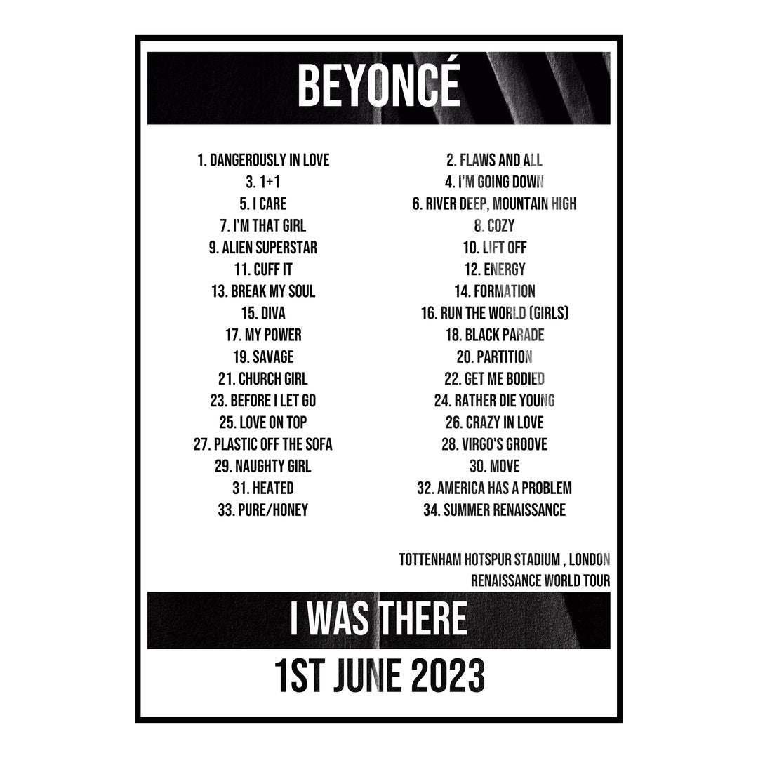 Beyoncé London 1st June 2023 Setlist poster