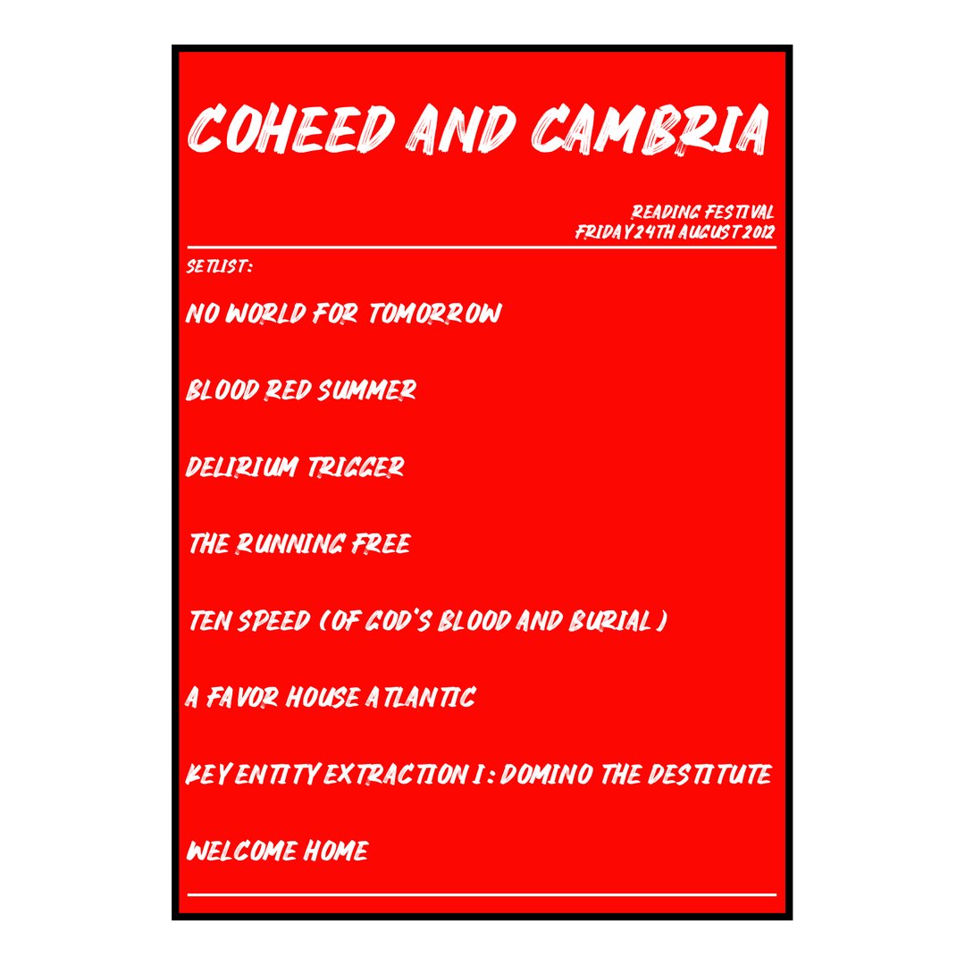 Coheed and Cambria Reading 24th August 2012 Setlist poster