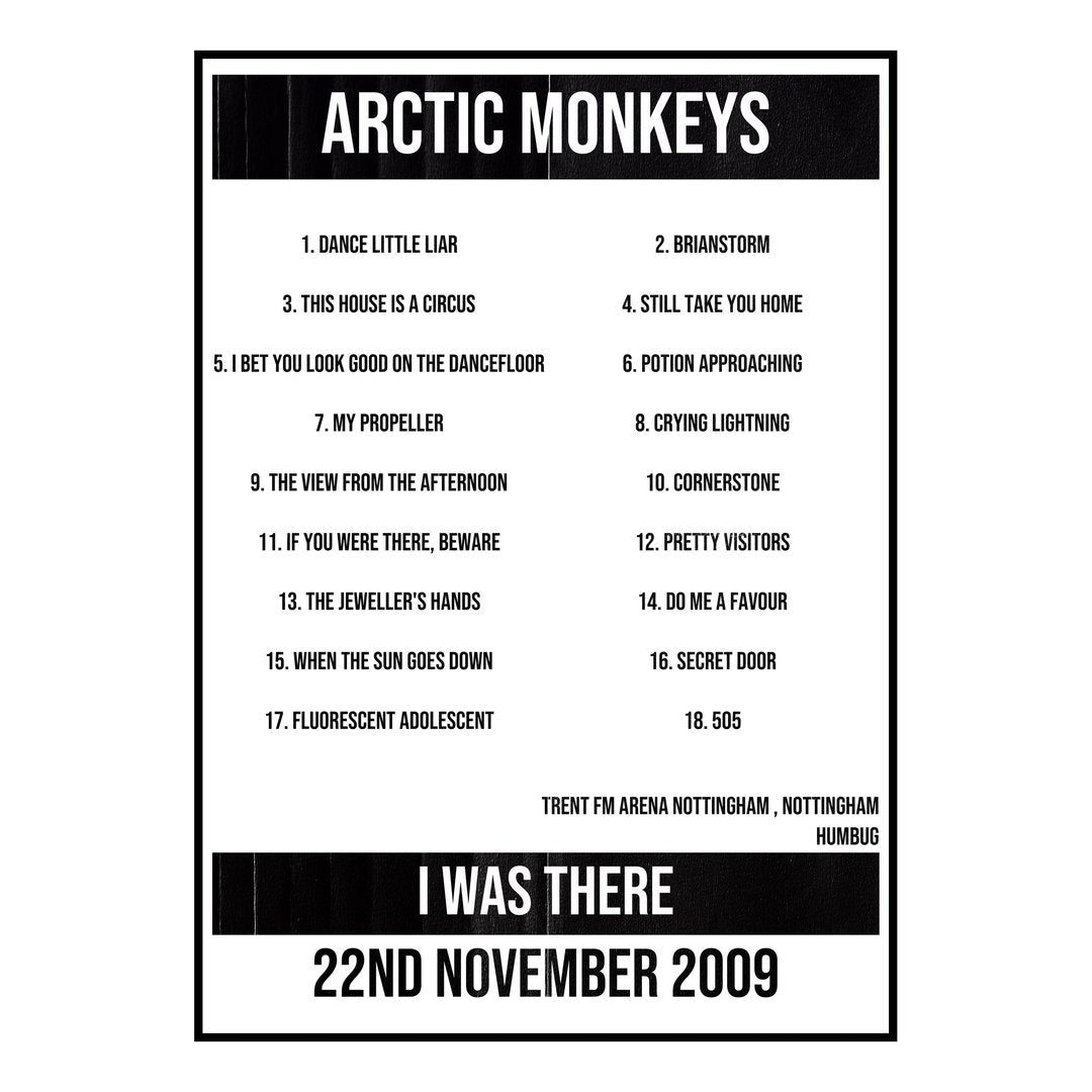 Arctic Monkeys Nottingham 22nd November 2009 Setlist poster