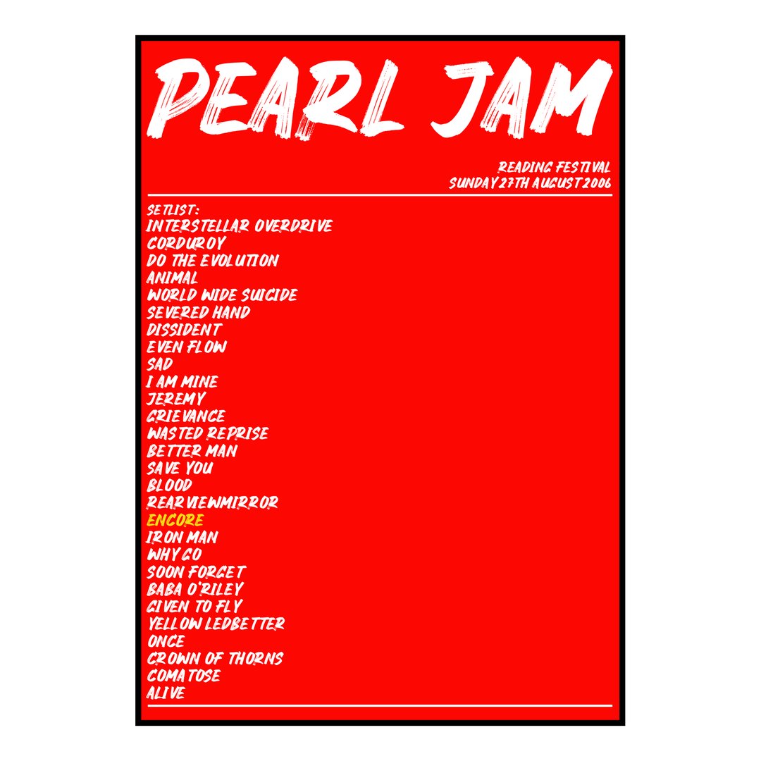 Pearl Jam Reading 27th August 2006 Setlist poster