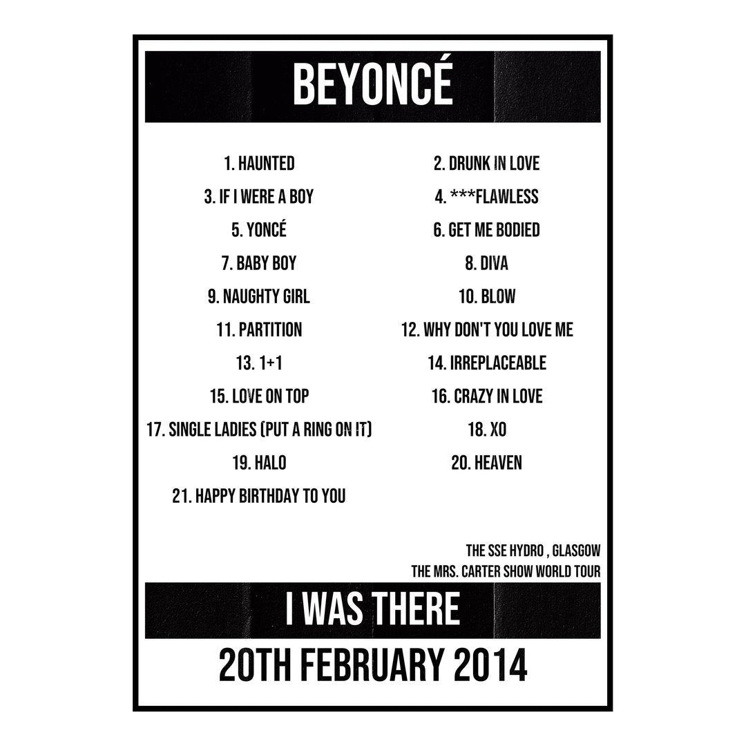 Beyoncé Glasgow 20th February 2014 Setlist poster