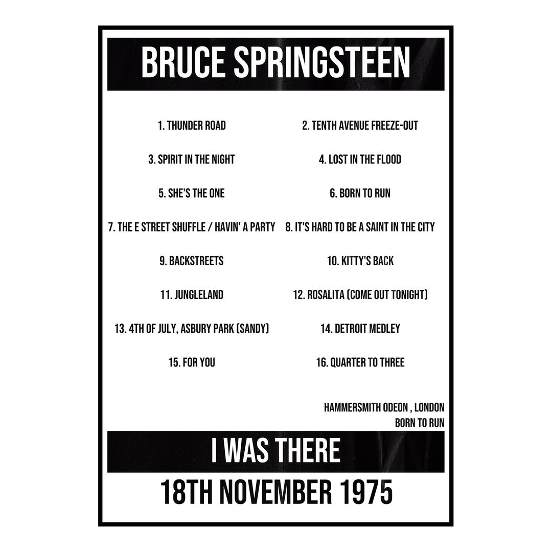 Bruce Springsteen London 18th November 1975 Setlist poster