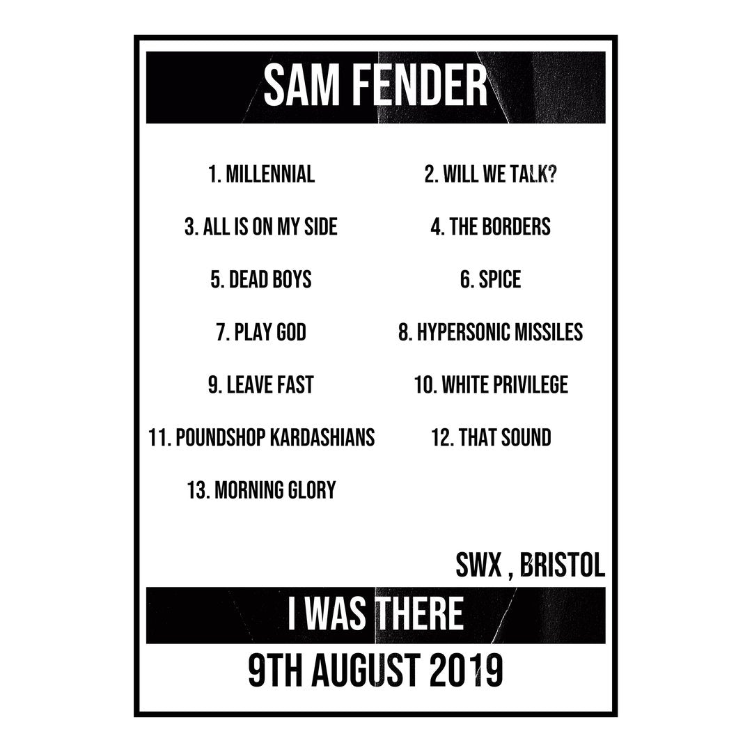 Sam Fender Bristol 9th August 2019 Setlist poster
