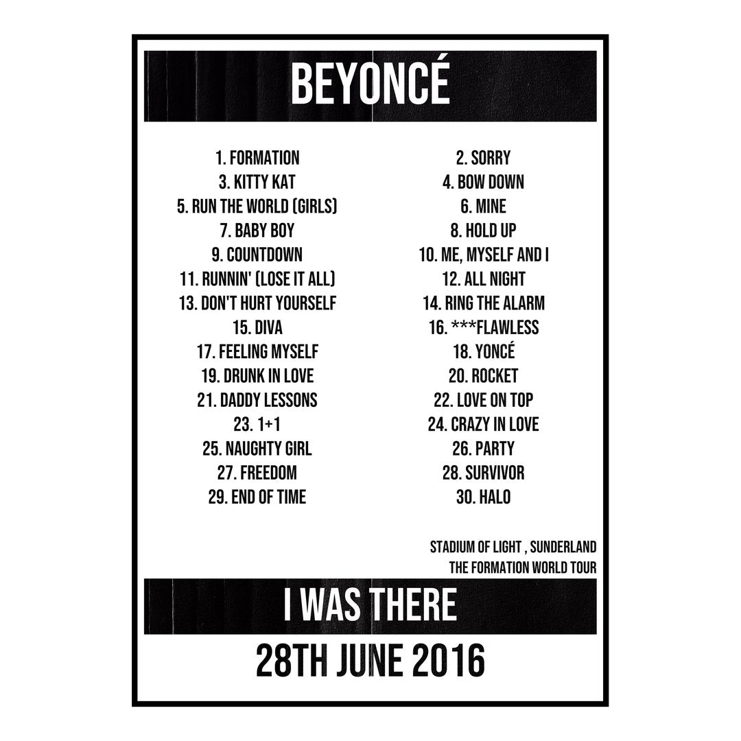 Beyoncé Sunderland 28th June 2016 Setlist poster