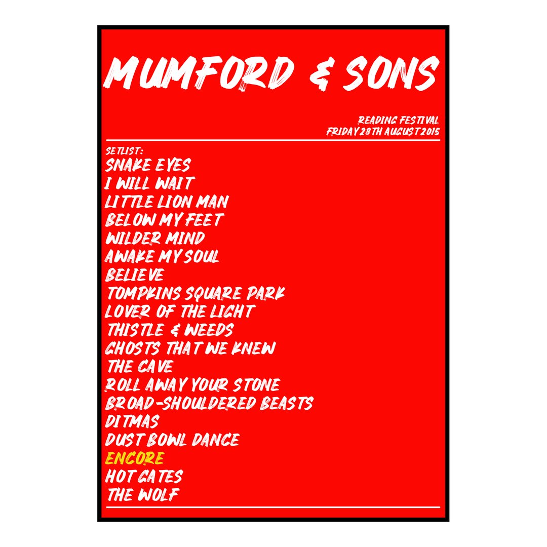 Mumford & Sons Reading 28th August 2015 Setlist poster
