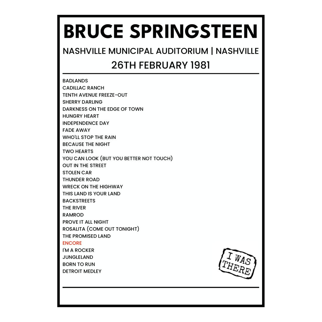 Bruce Springsteen Nashville 26th February 1981 Setlist poster