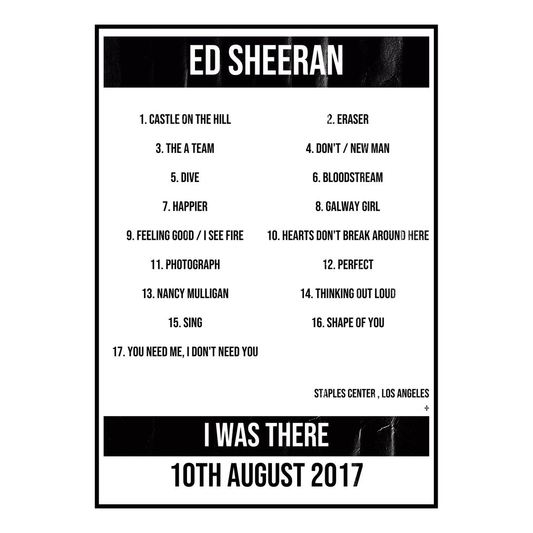 Ed Sheeran Los Angeles 10th August 2017 Setlist poster