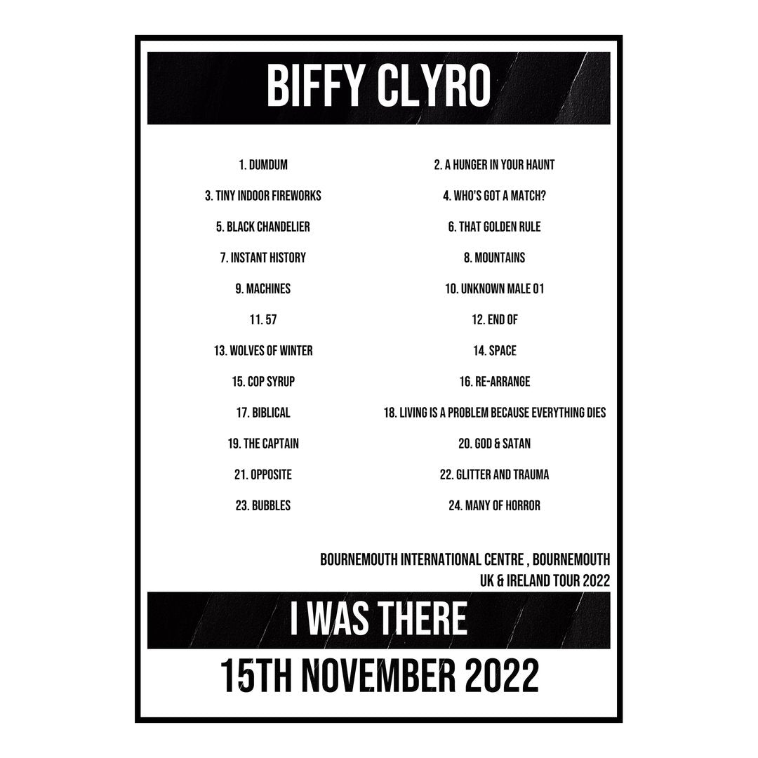 Biffy Clyro Bournemouth 15th November 2022 Setlist poster