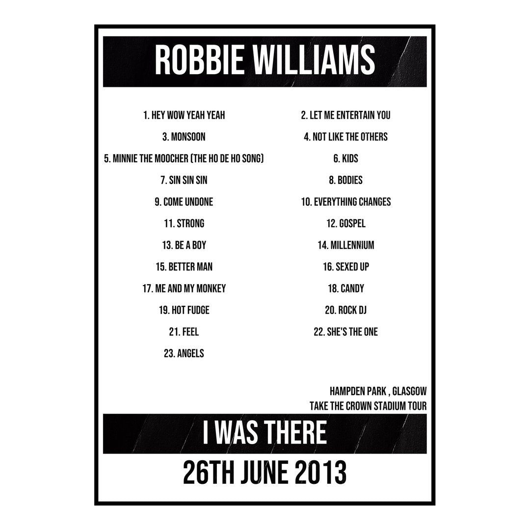 Robbie Williams Glasgow 26th June 2013 Setlist poster