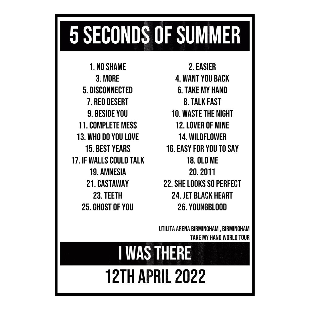 5 Seconds of Summer Birmingham 12th April 2022 Setlist poster