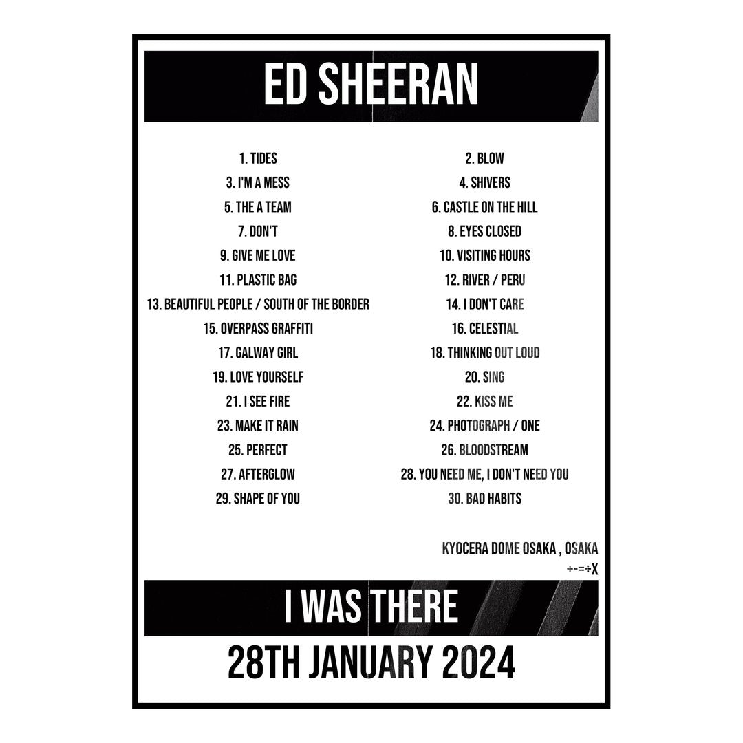Ed Sheeran Osaka 28th January 2024 Setlist poster