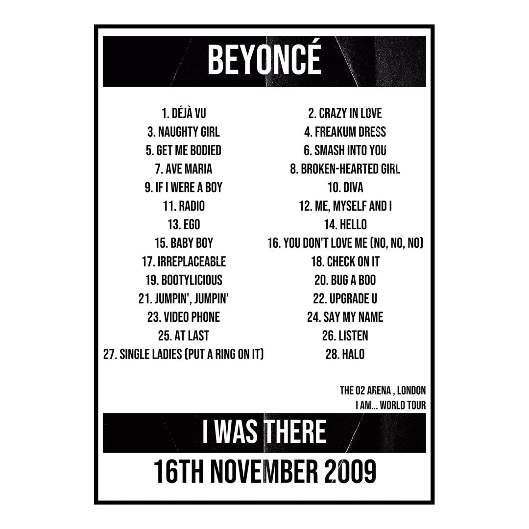 Beyoncé London 16th November 2009 Setlist poster