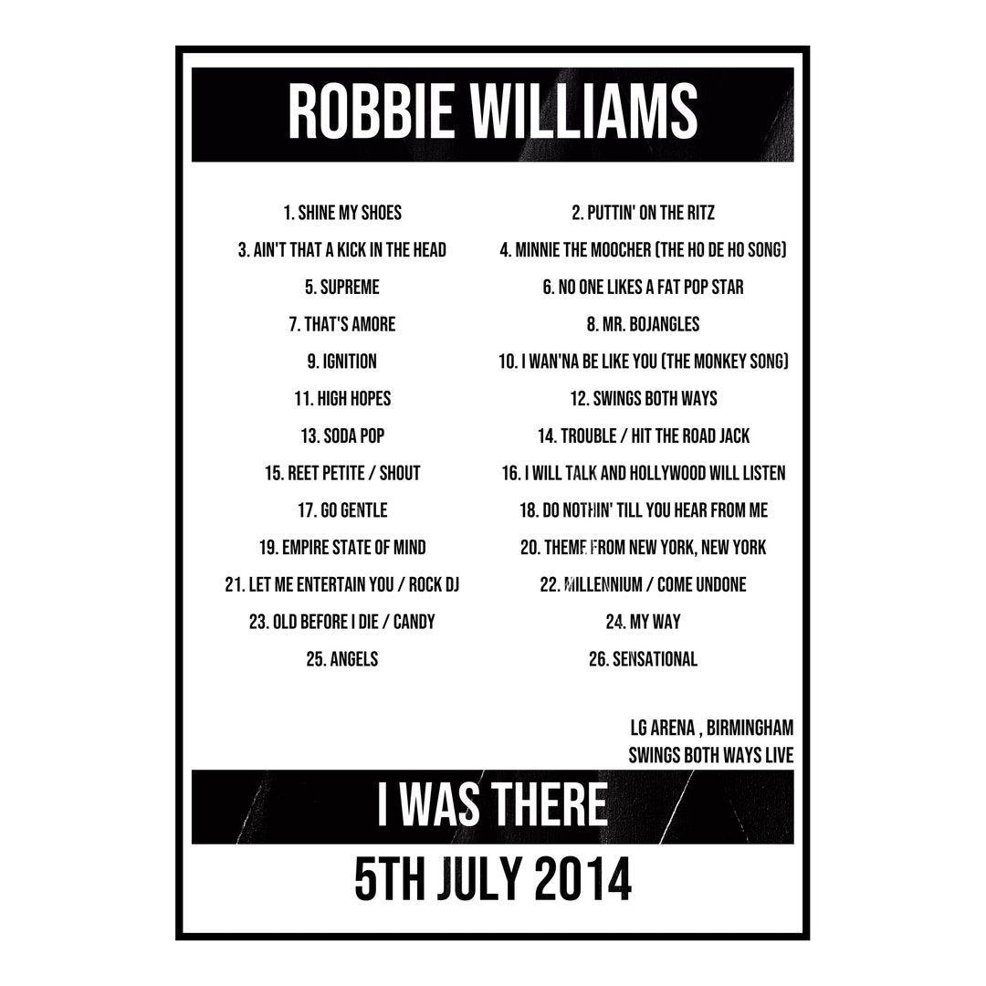 Robbie Williams Birmingham 5th July 2014 Setlist poster