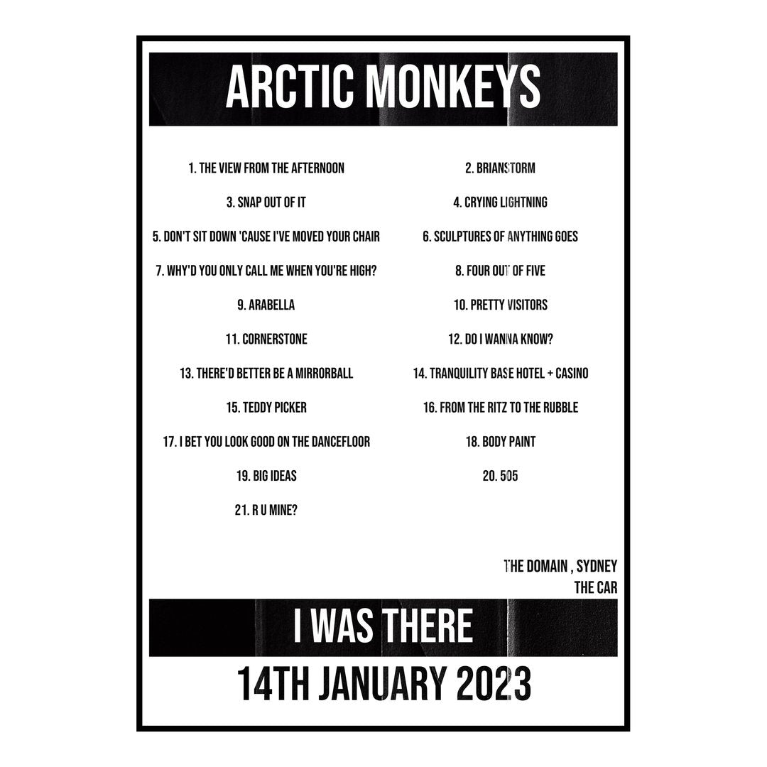 Arctic Monkeys Sydney 14th January 2023 Setlist poster